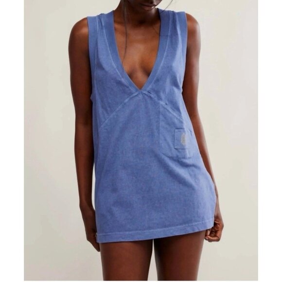 Free People Oversized Workout Tank Blue V Neck Pocket Slouchy Cotton Size XS - Picture 1 of 8